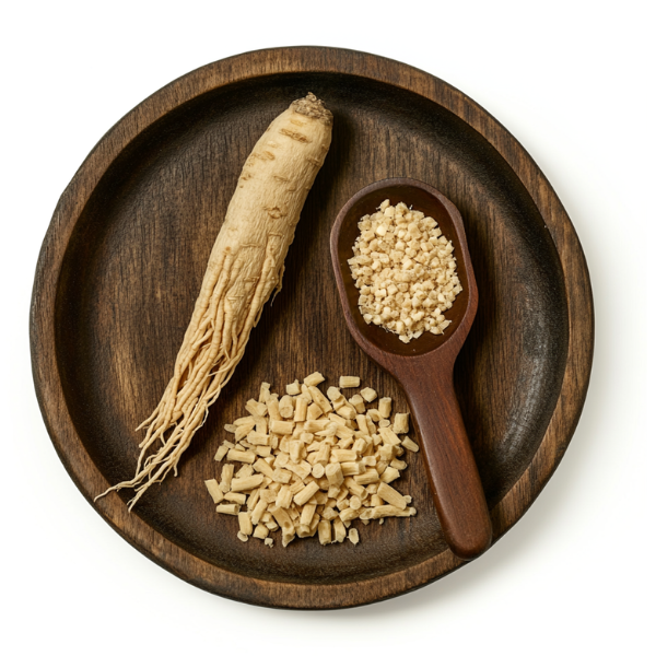 Ginseng root on a rustic wooden pan with a wooden scoop holding finely chopped ginseng granules and a small pile of chopped ginseng pieces, displayed on a white background